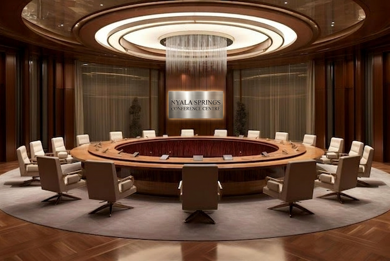 The Nyala Springs Conference Centre: a circular executive boardroom under a sculpted timber ceiling