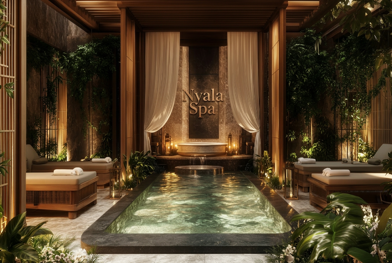 The Nyala Springs Spa: a candlelit indoor pool and treatment sanctuary framed in timber and indigenous planting
