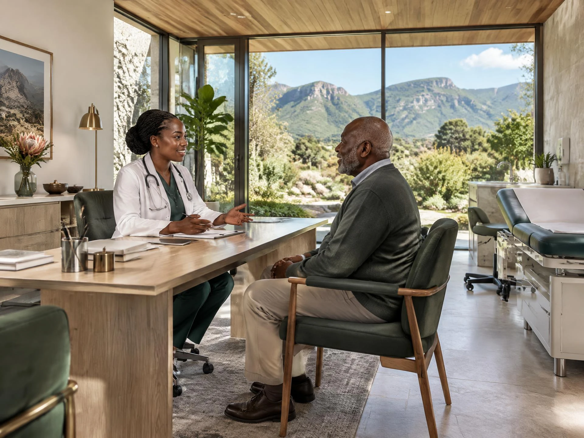 Generated visualisation of a doctor consulting a patient in a stone-and-timber clinic overlooking the highlands