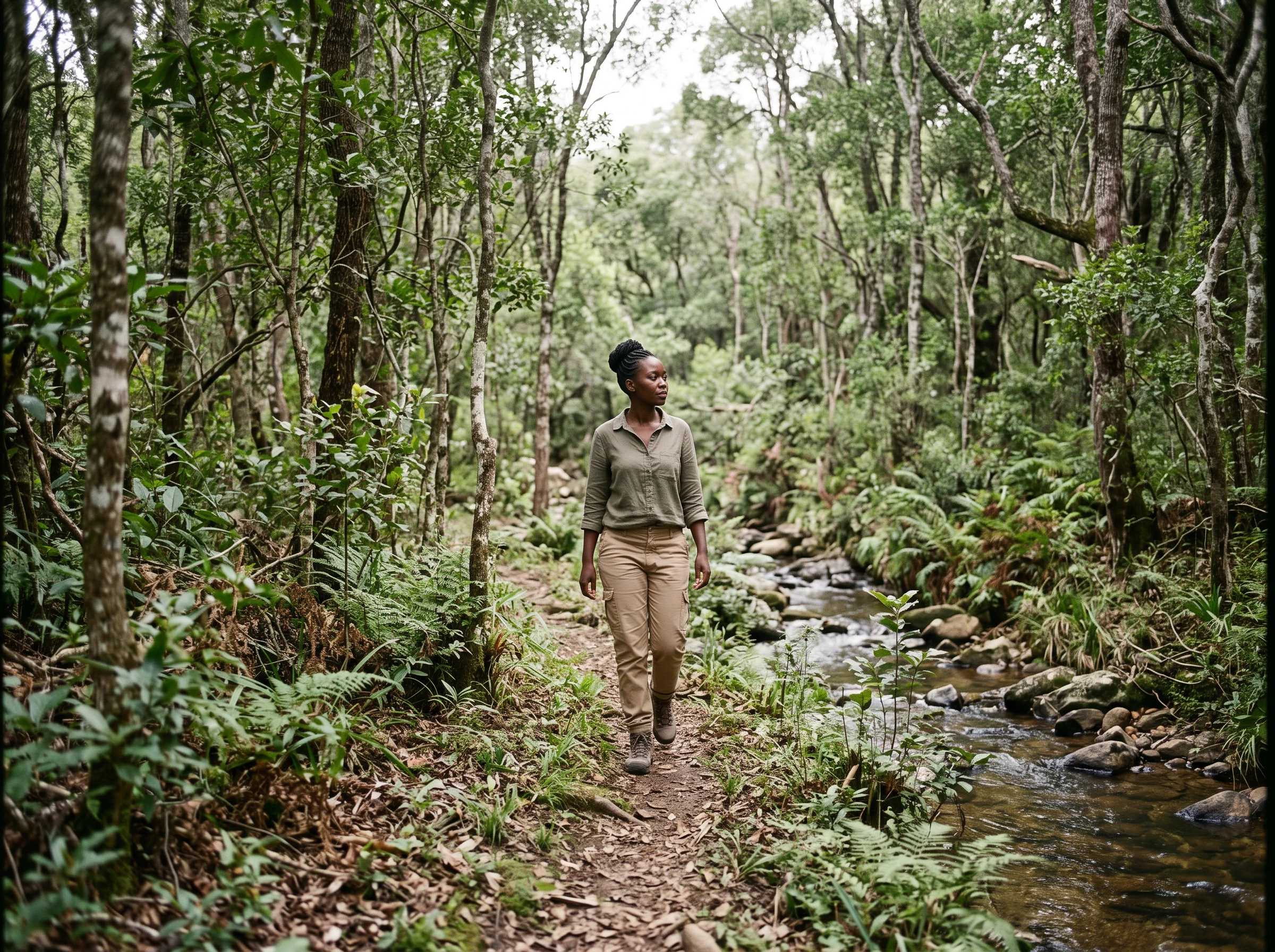 A guest walks beside a woodland stream in the Eastern Highlands