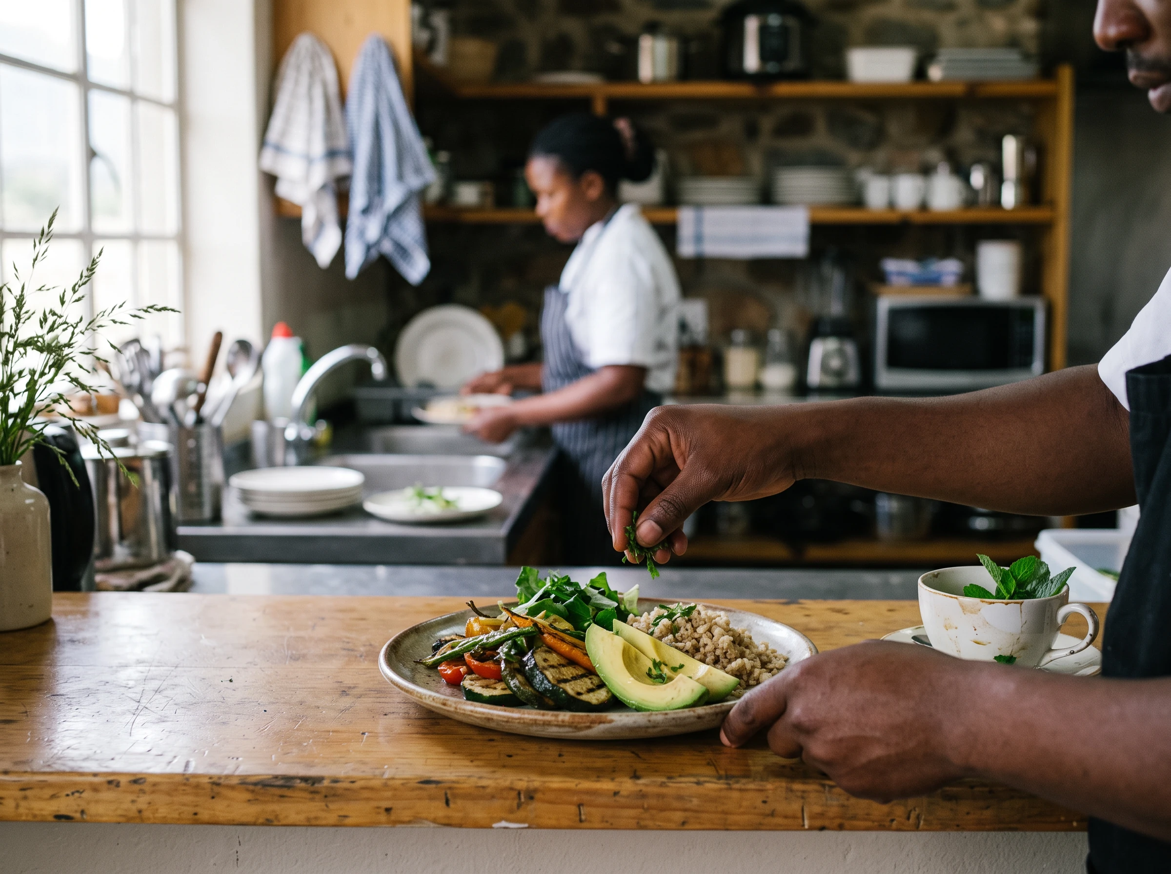 A chef finishes a seasonal meal in a working highland wellness café