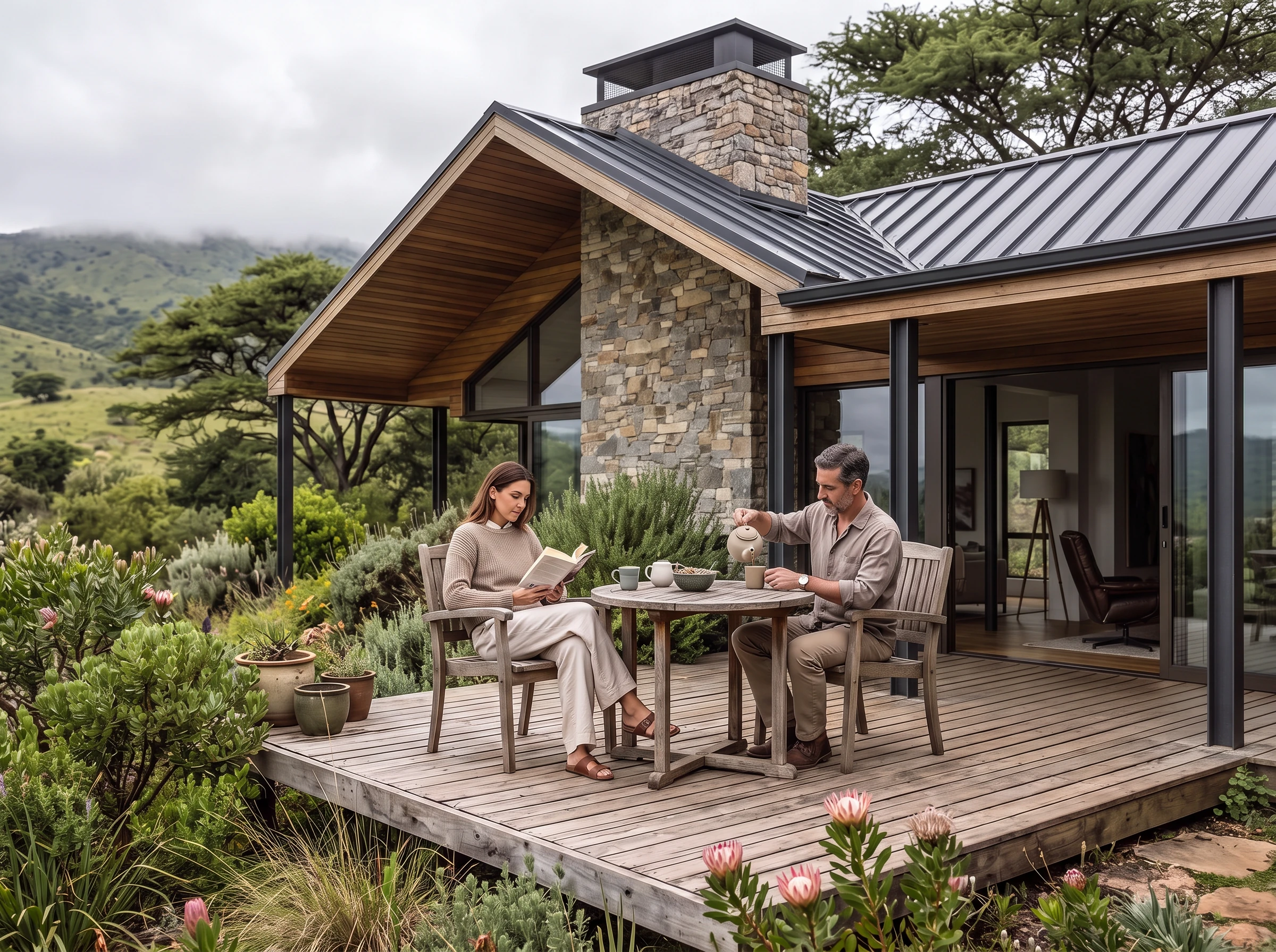 Two guests enjoy tea outside a stone-and-timber retreat house with a stone chimney
