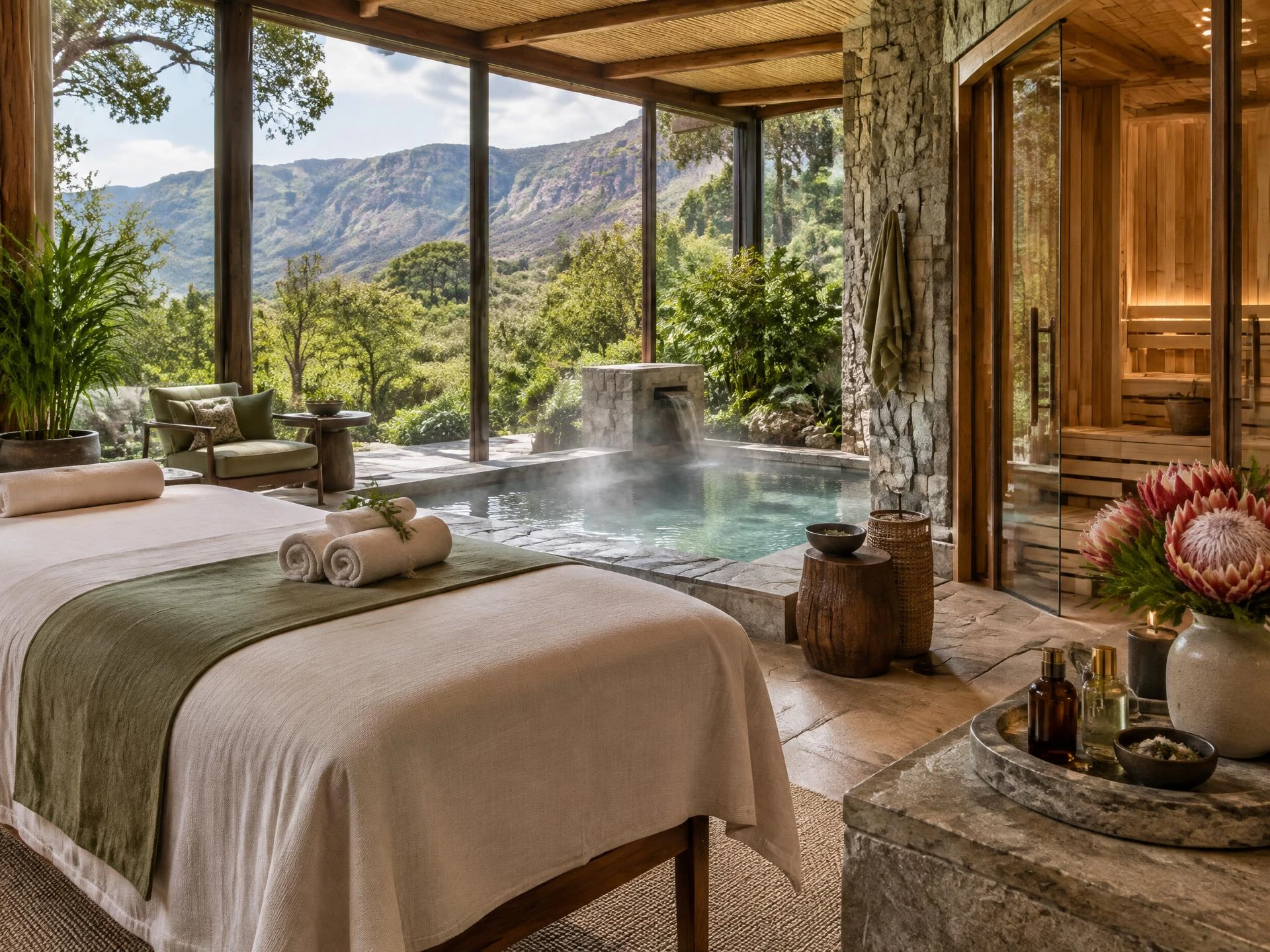 Generated visualisation of a botanical treatment suite with a mineral plunge pool, timber sauna and pink proteas