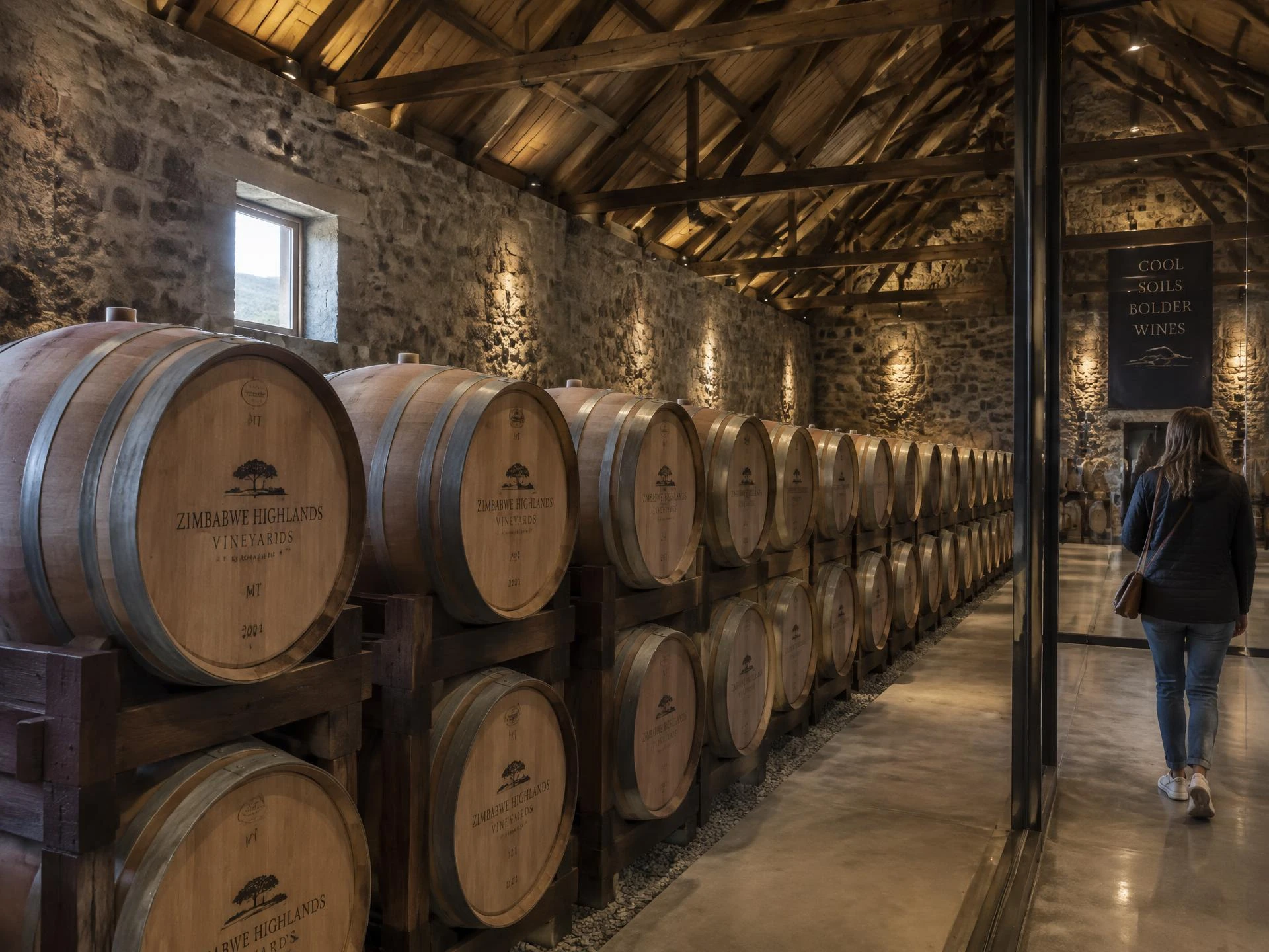 Rows of oak wine barrels resting on timber racks in the cool highland barrel hall