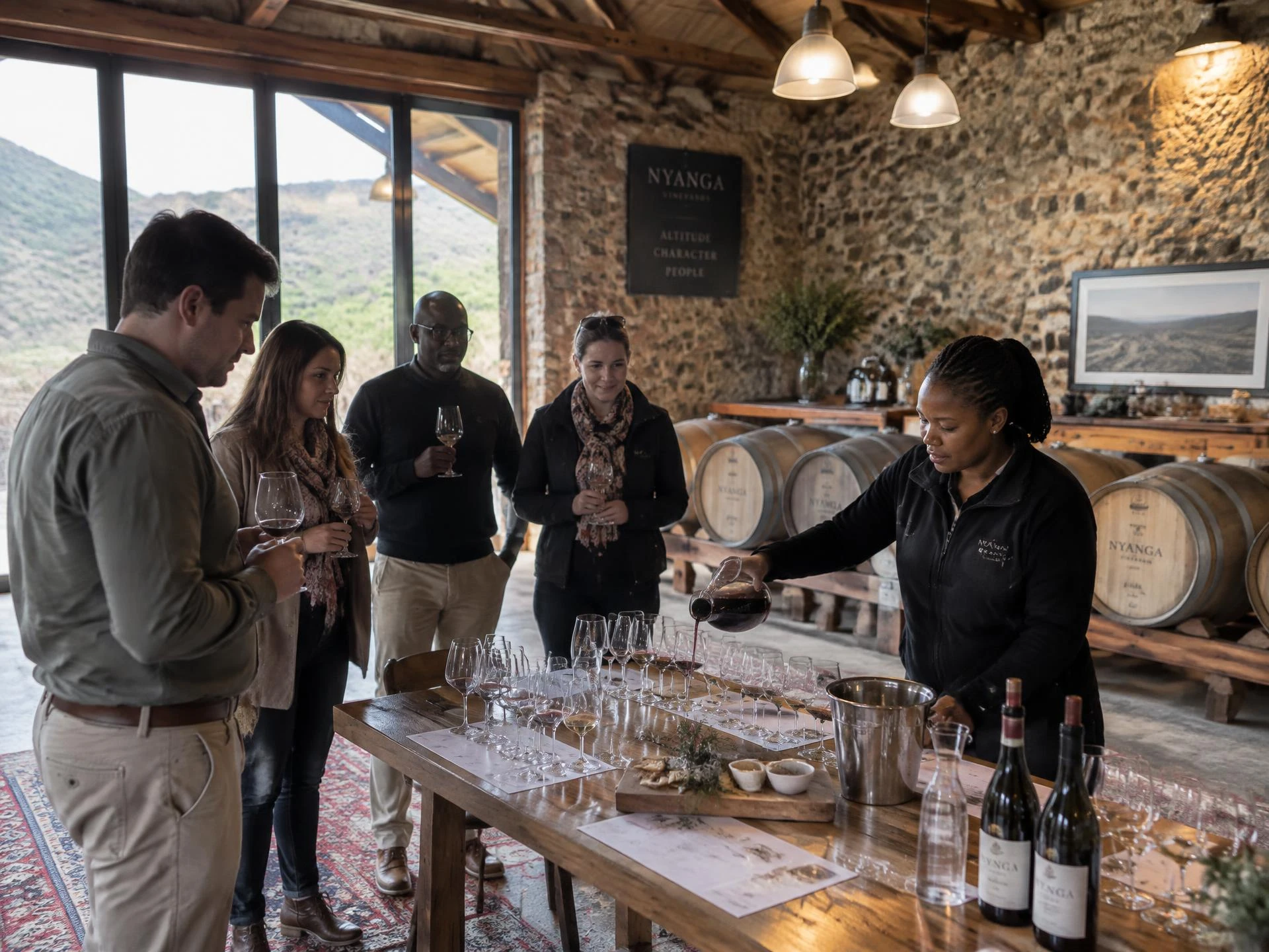 A cellar team pours a curated tasting flight on a long oak table inside the stone barrel hall