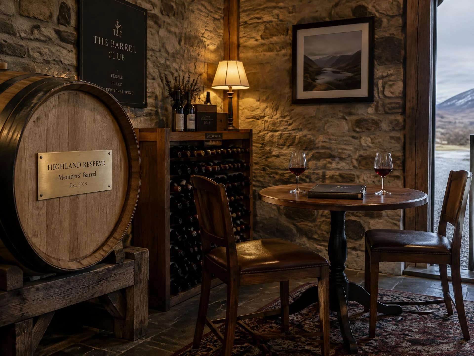 A members' barrel with a brass plaque beside a small tasting table in the cellar club corner