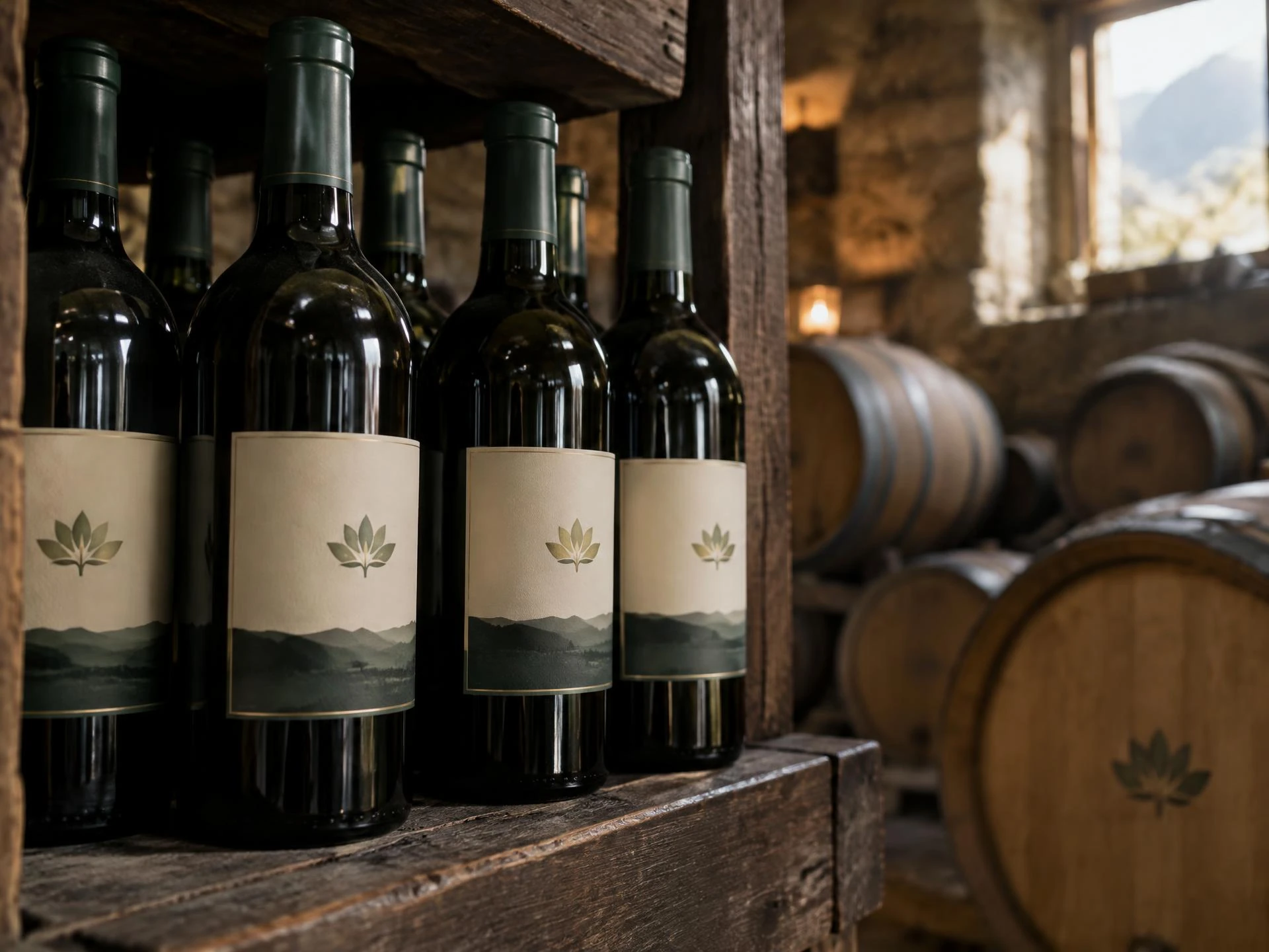 Bottles of the estate label resting on a timber rack beside oak barrels