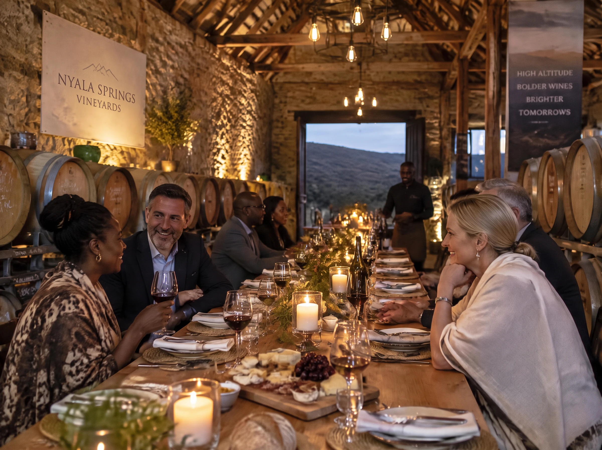 Guests share a long-table dinner among the oak barrels at dusk