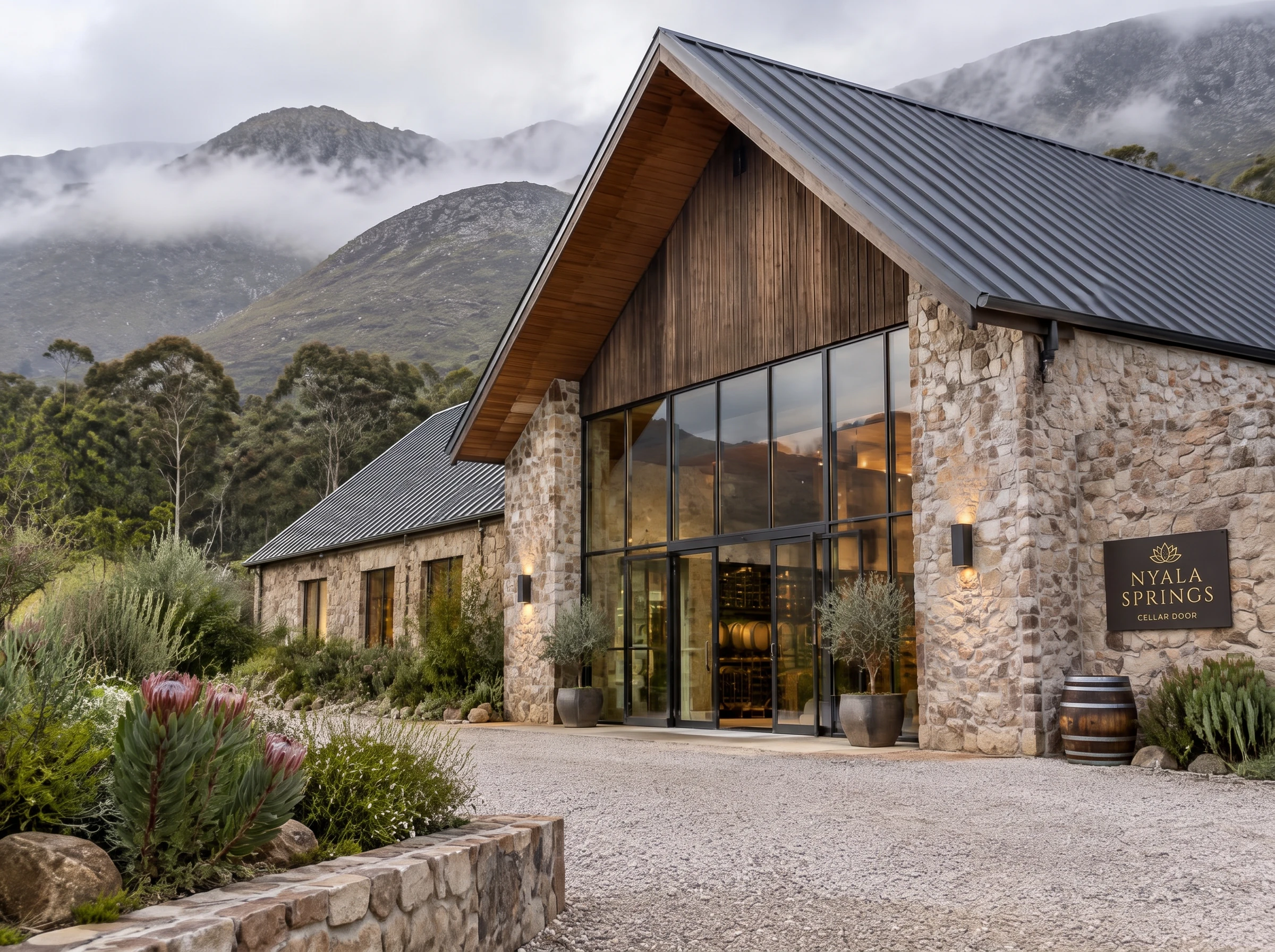 Illustrative stone-and-timber wine barn with a steep gable roof, floor-to-ceiling glazing, proteas and misty highland mountains
