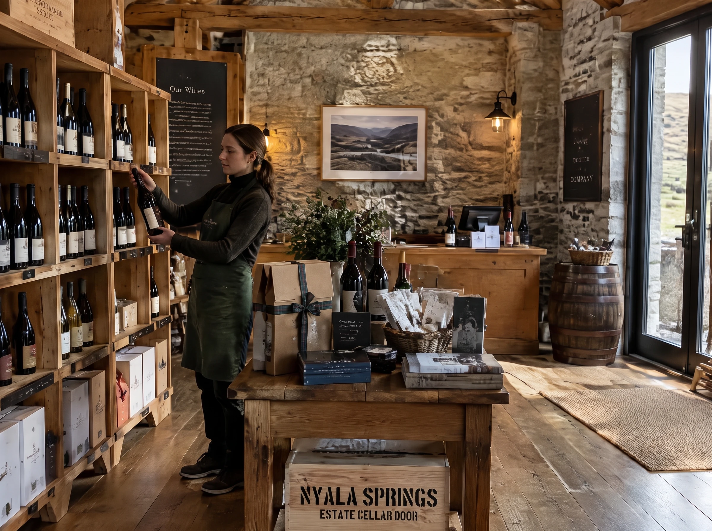 A cellar door shop attendant arranges estate bottles on timber shelving